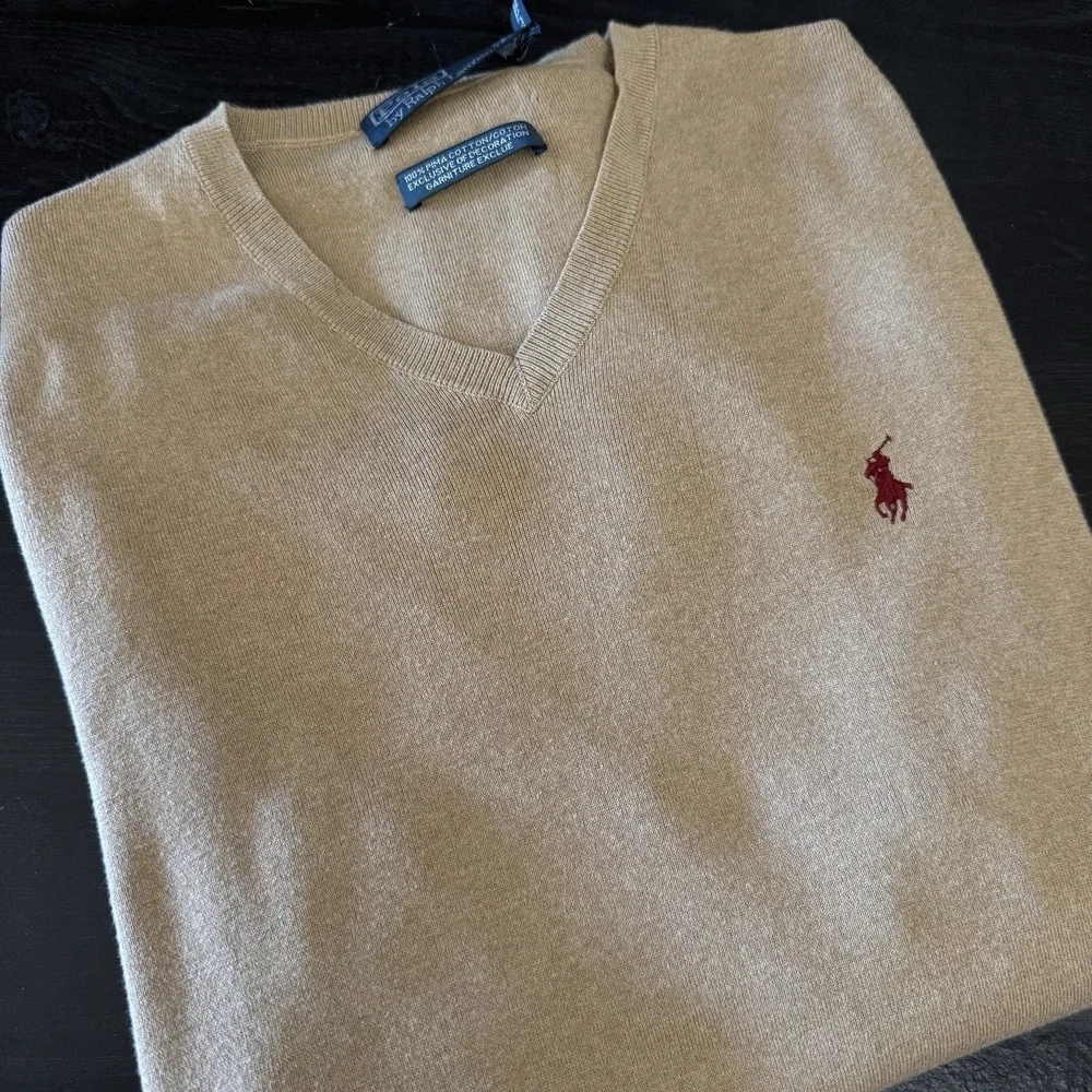 Vintage Polo Ralph Lauren Sweater Men's 2XL Tan 100% Pima Cotton V-Neck Preppy